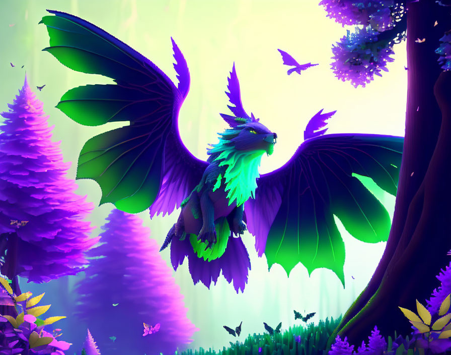 Majestic purple and green dragon flying in mystical forest