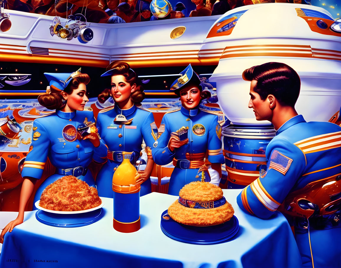 Retro-futuristic illustration of four people in space-themed uniforms at a 1950s diner