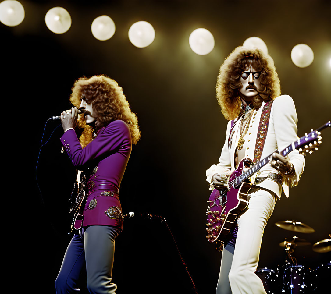 Musicians performing on stage with red electric guitar and microphone