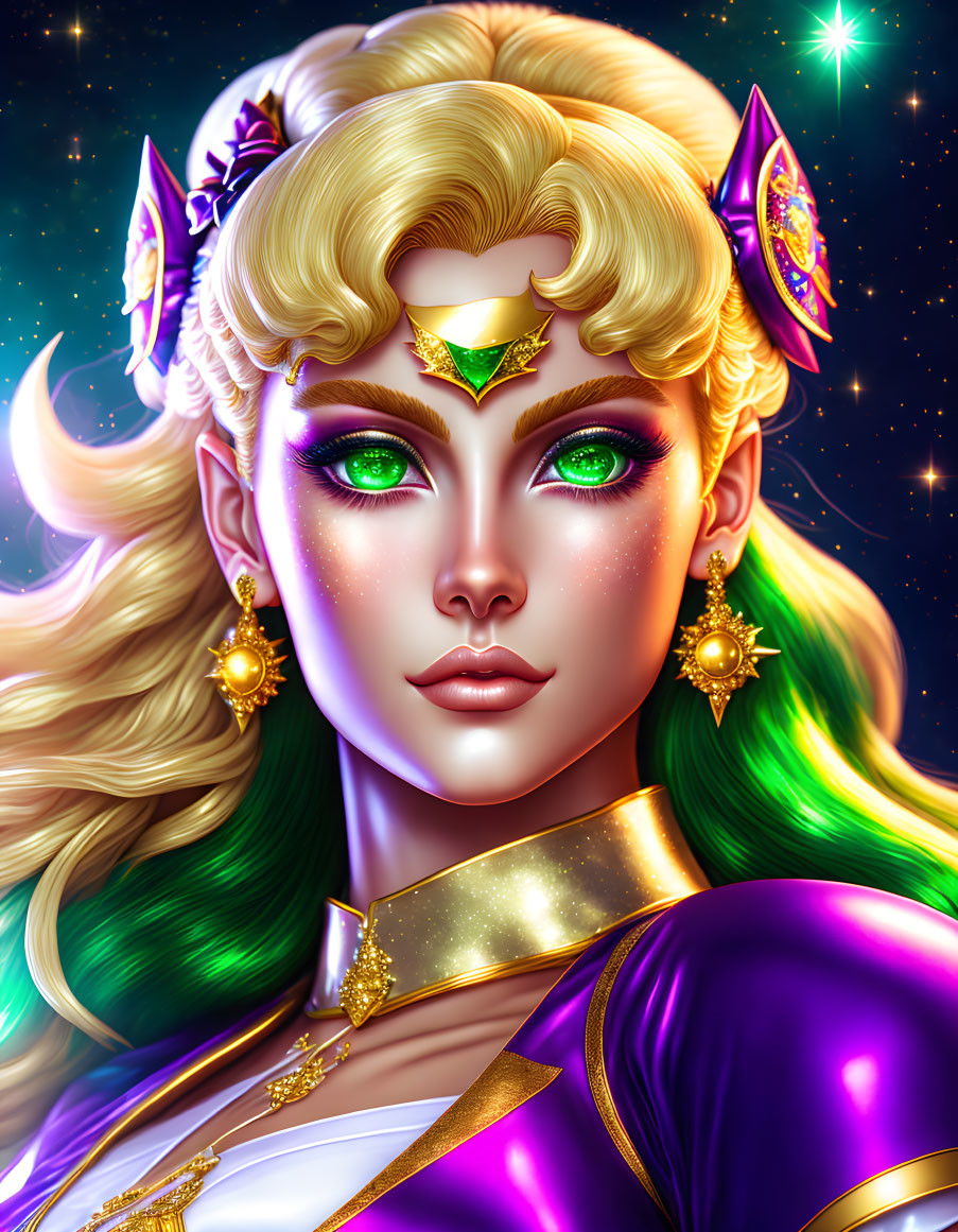 Woman with Green Eyes and Golden Jewelry in Starry Setting