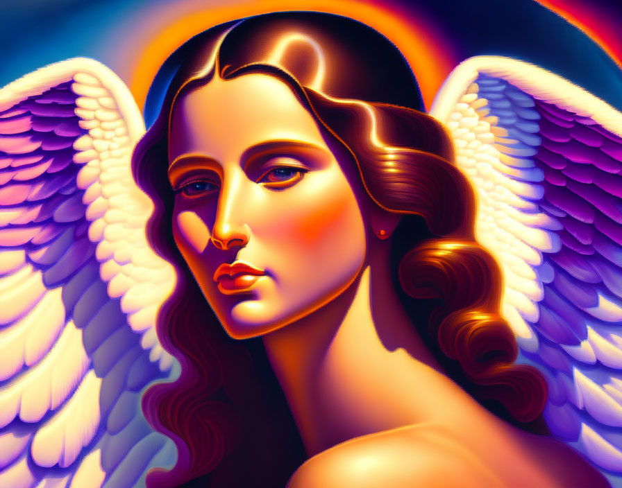 Serene angel with flowing hair and white wings on colorful background