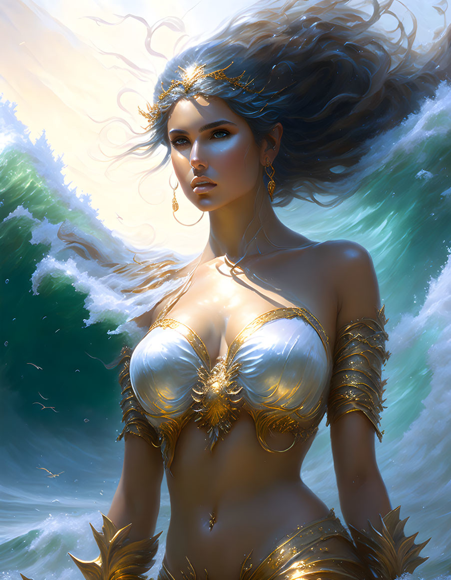 Golden accessories adorn ethereal woman against sunlit waves