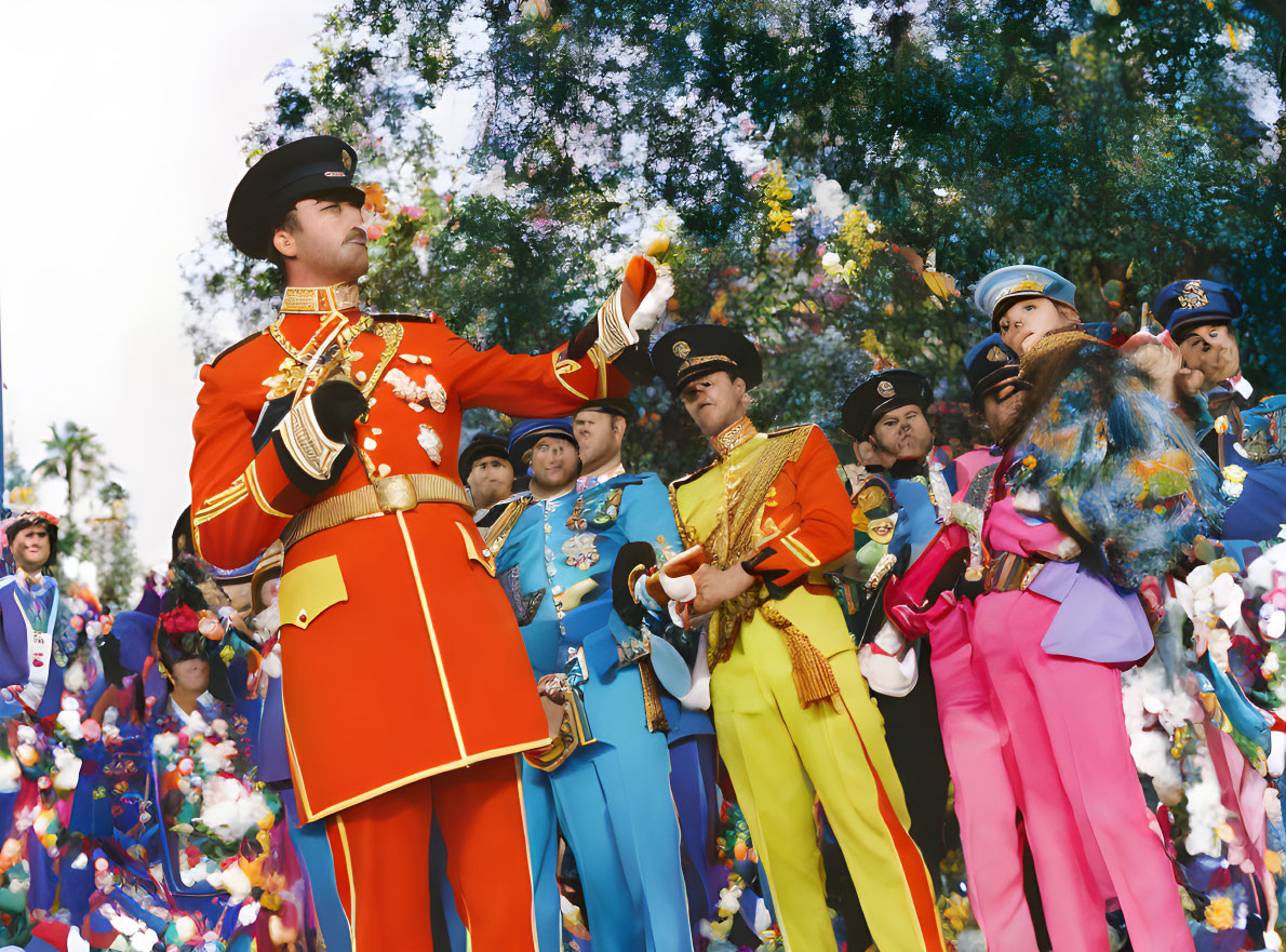 Ceremonial guard in red uniform leads colorful parade