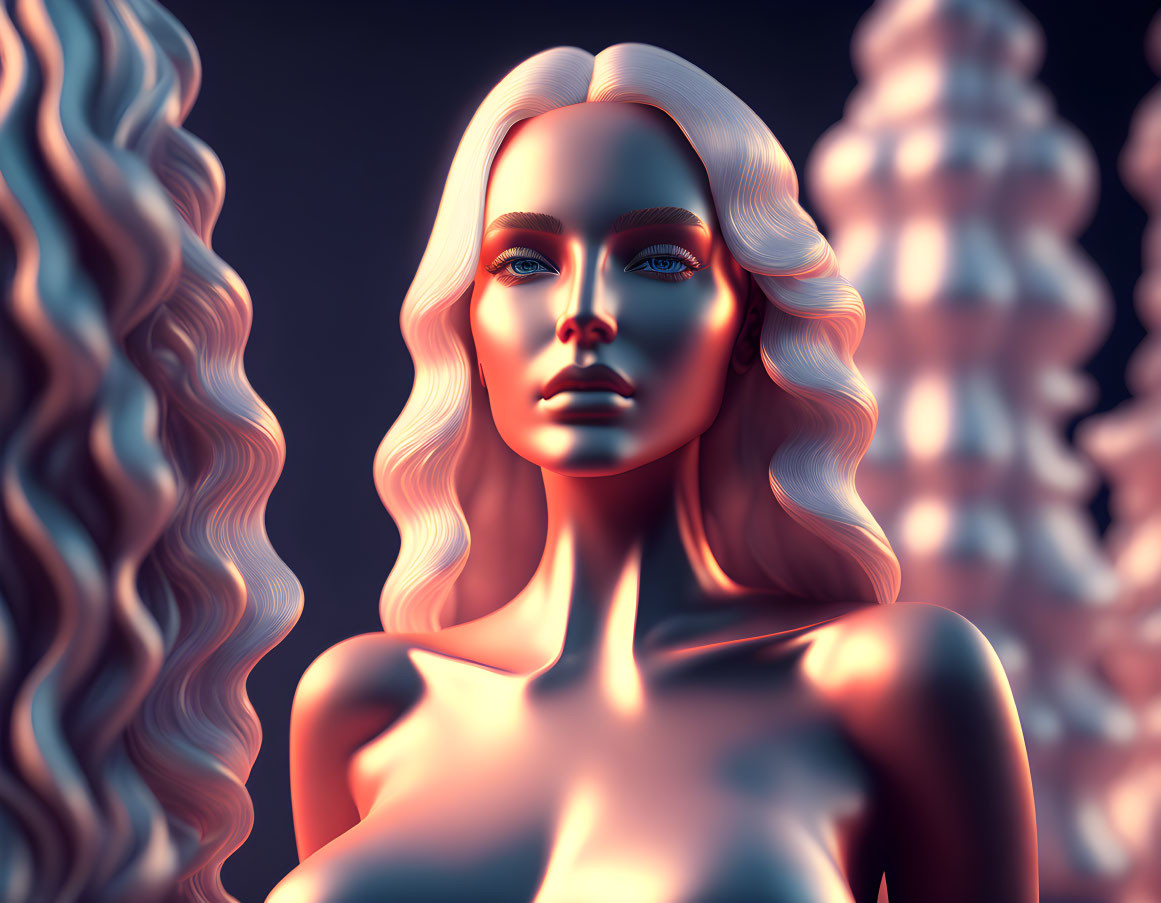 Blonde-haired woman with blue skin in surreal 3D render