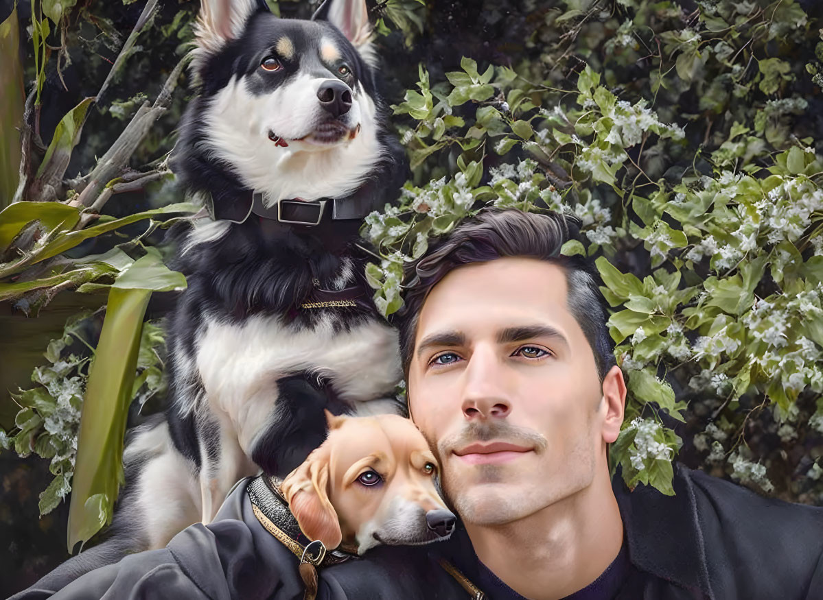 Man with Two Dogs in Front of Flowering Shrub