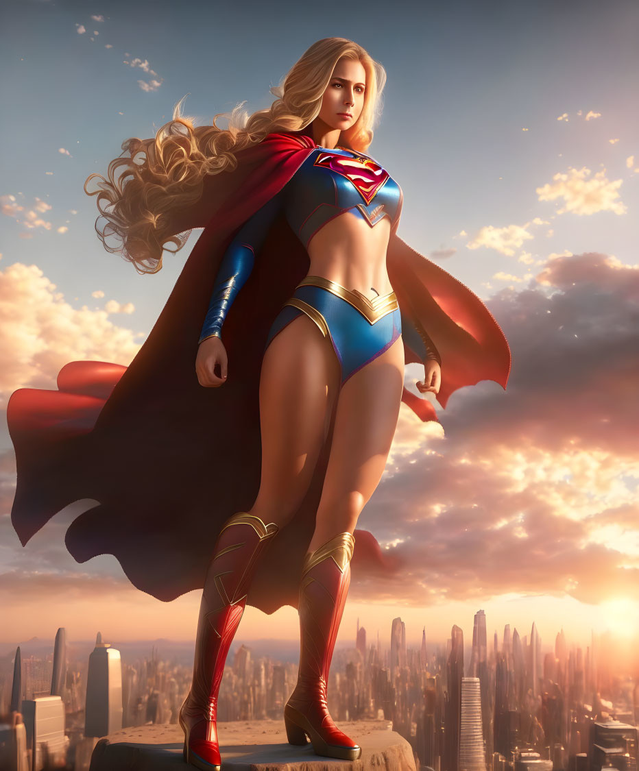 Digital artwork: Supergirl in red and blue costume on skyscraper at sunset