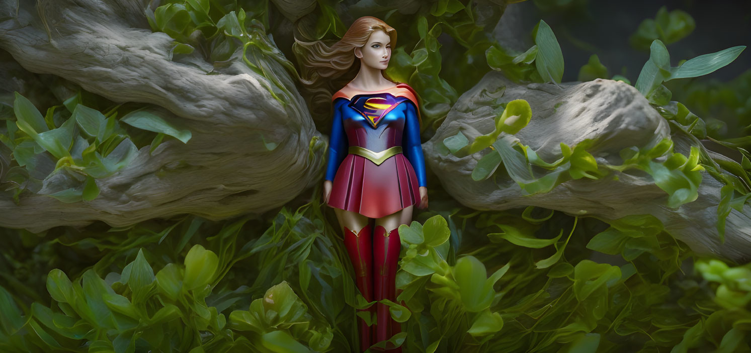 Female superhero figurine in red and blue costume with cape on rocky backdrop.