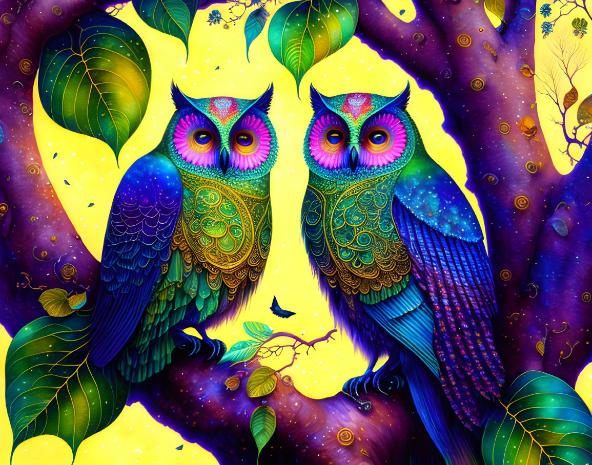 Colorful Stylized Owls on Whimsical Starry Background