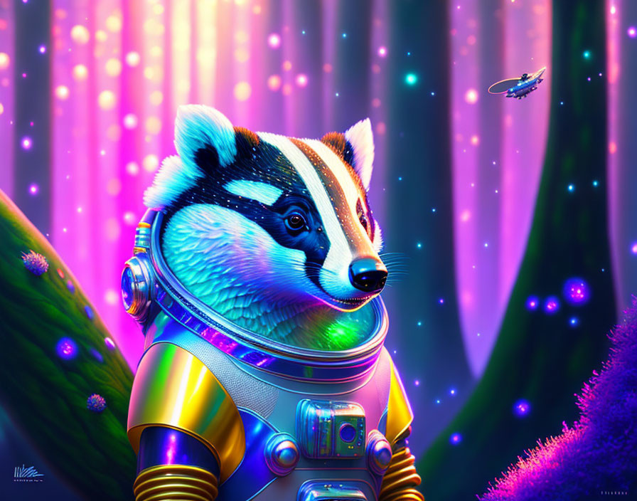 Colorful Badger Astronaut Artwork in Neon Cosmic Scene