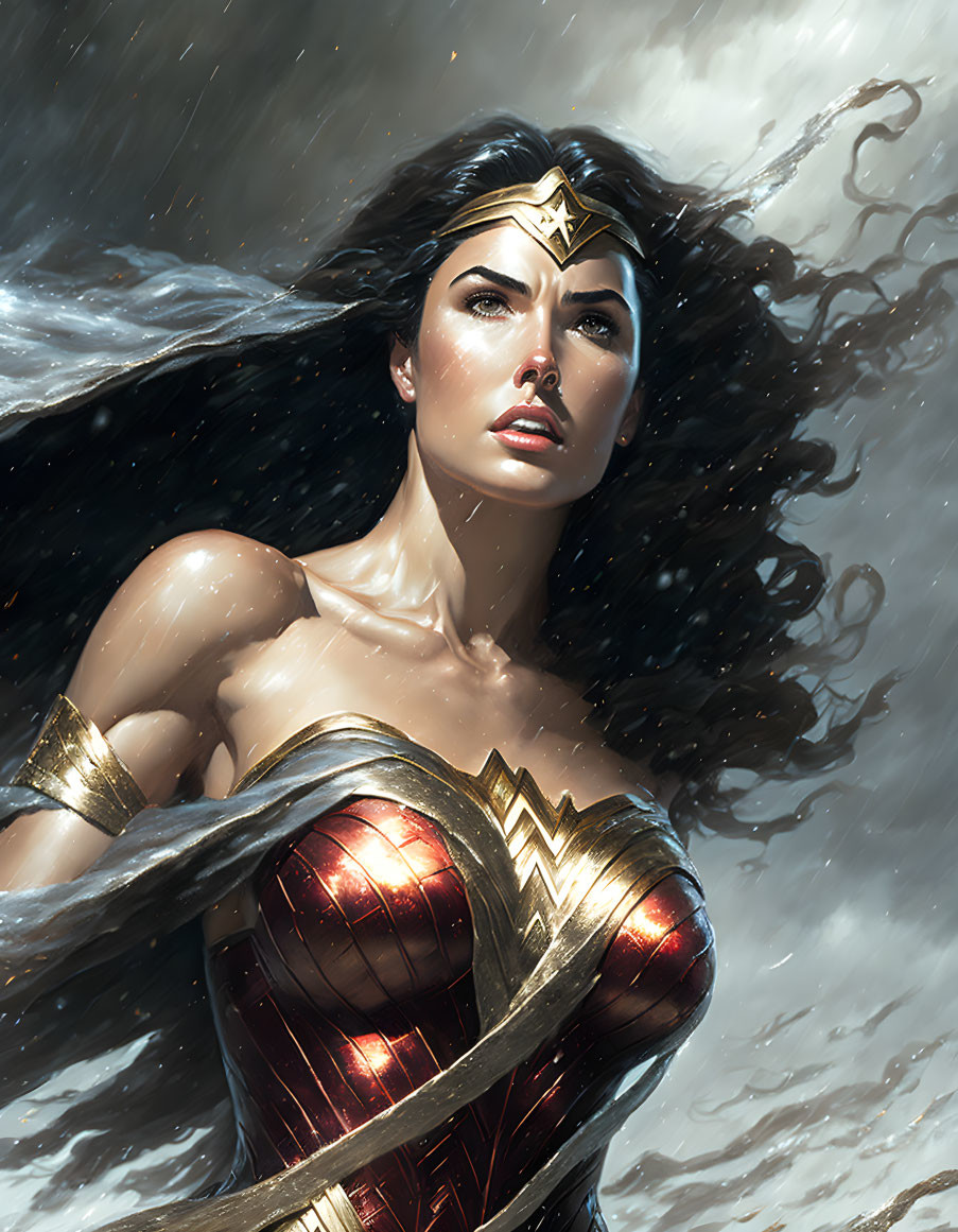 Female superhero illustration with tiara, wavy hair, and armor in stormy setting