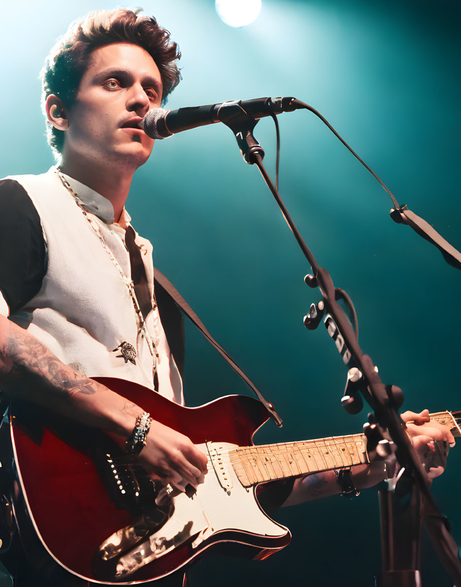 Male musician with tattooed arm plays red electric guitar on stage