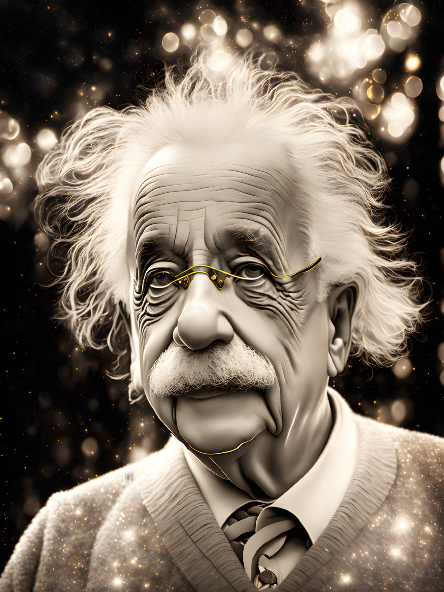 Senior man portrait with unique hair, mustache, glasses, sweater, and tie on sparkling backdrop