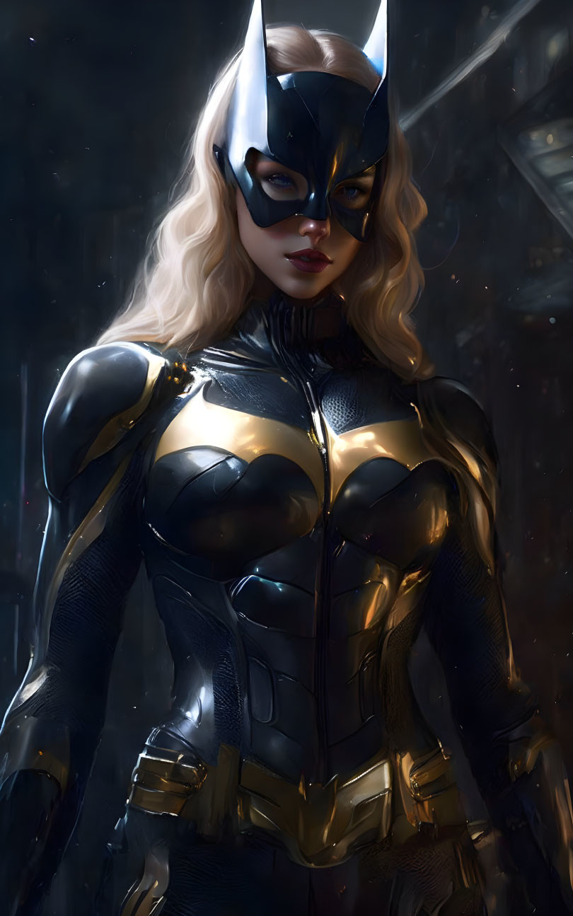 Digital Art: Woman in Black & Gold Batgirl Costume on Dark Background