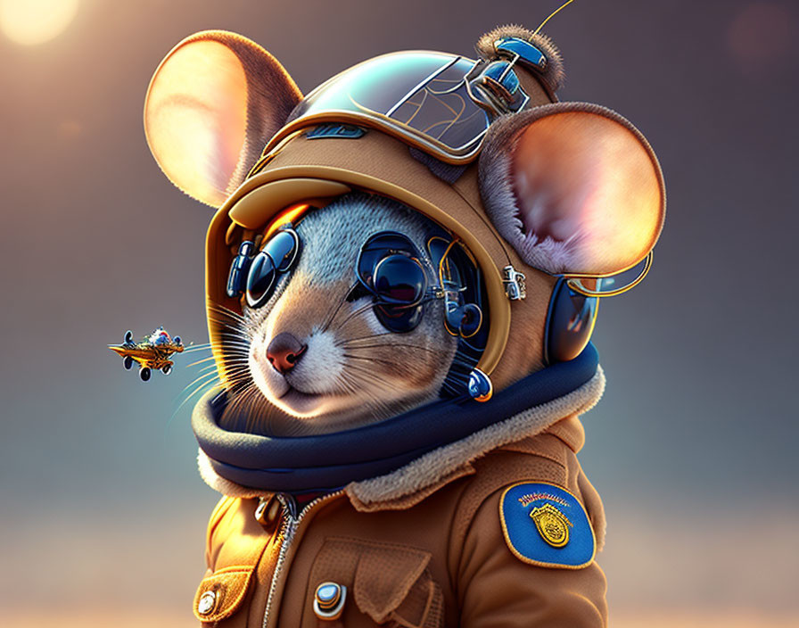 Animated mouse in pilot's outfit with plane flying nearby