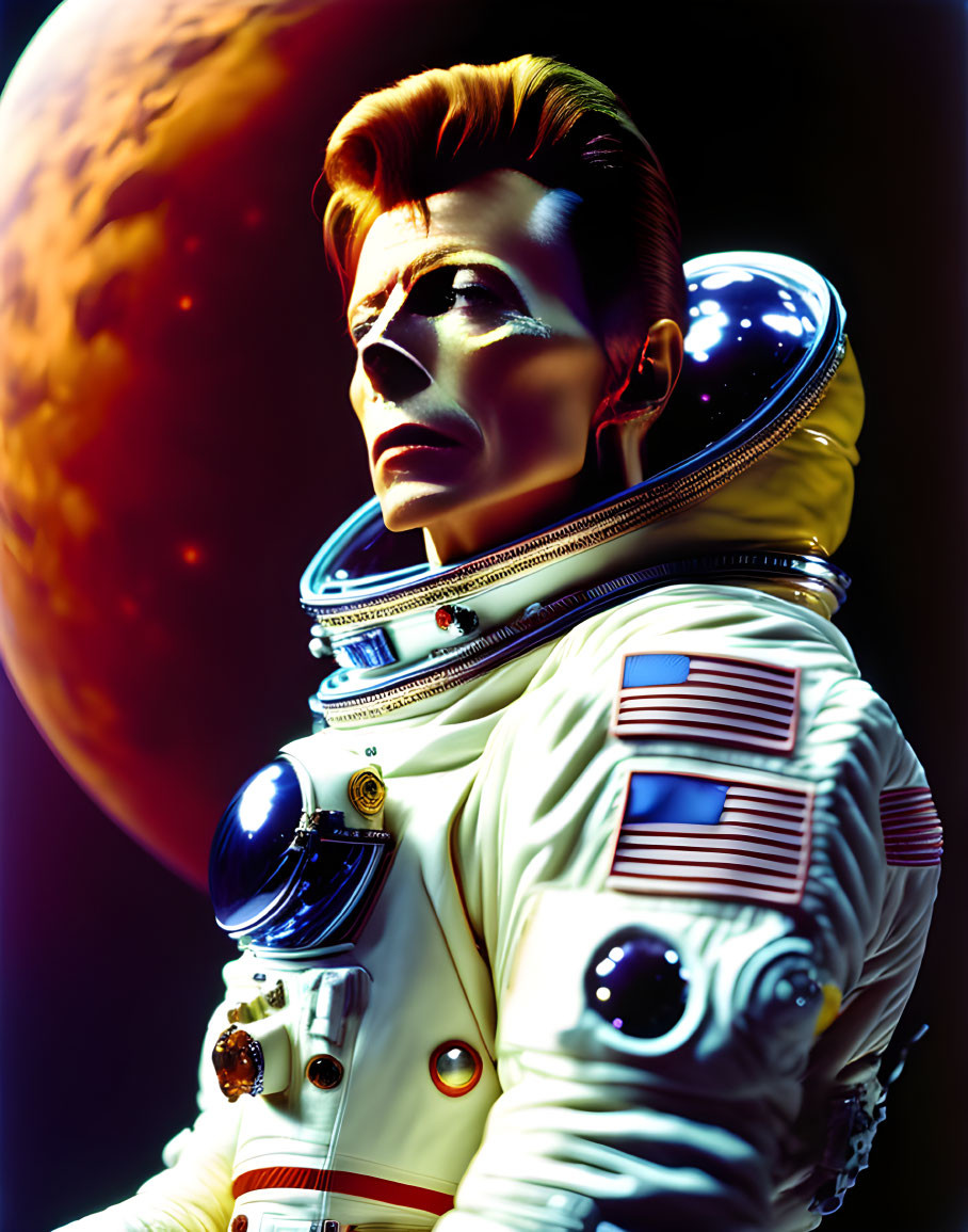 Person with astronaut-like face paint against planet backdrop