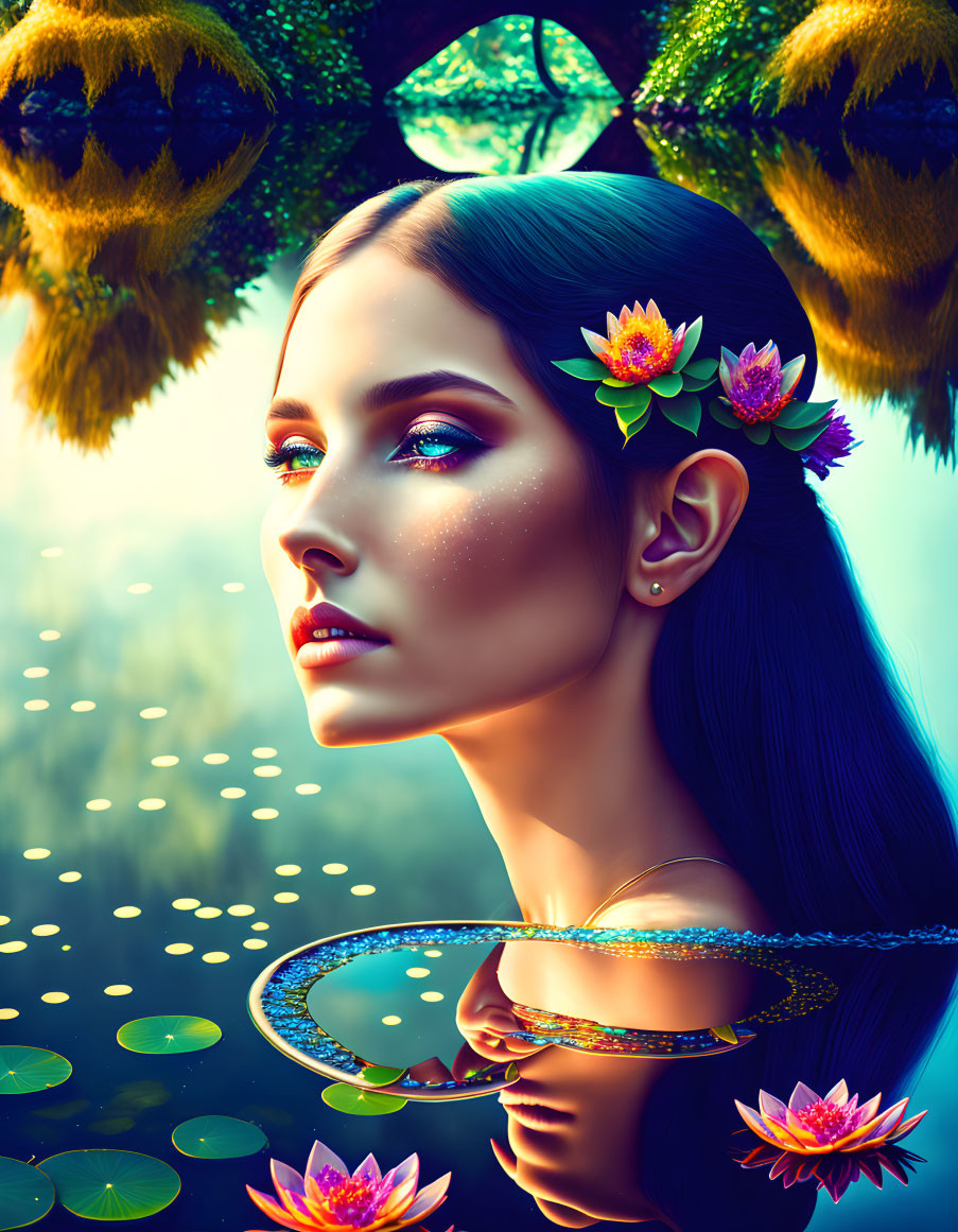 Illustration: Woman with flower hair, serene pond under mystical tree.