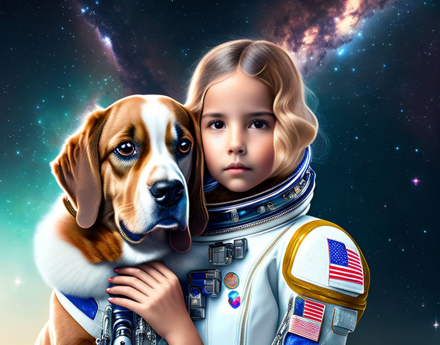 Young girl in astronaut suit hugging beagle in space