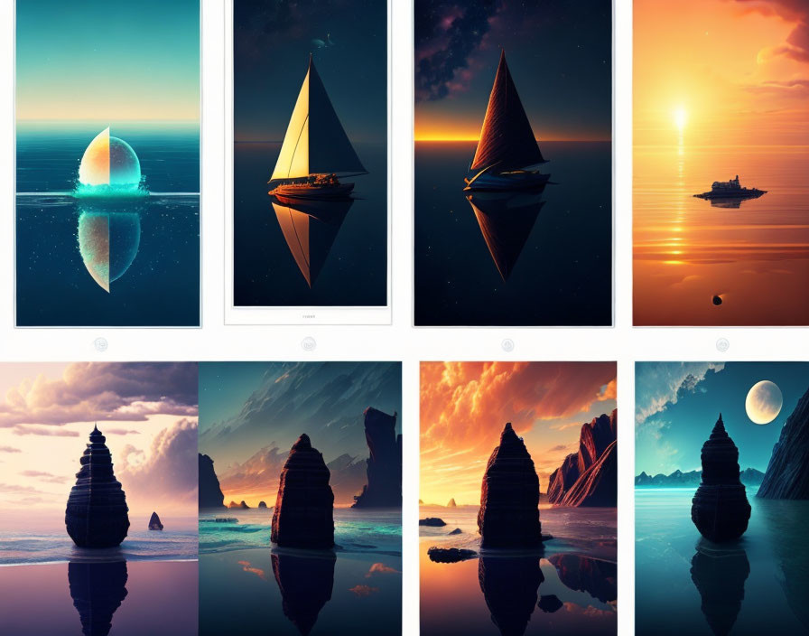 Eight serene sunset seascapes with boats and rock formations in warm tones