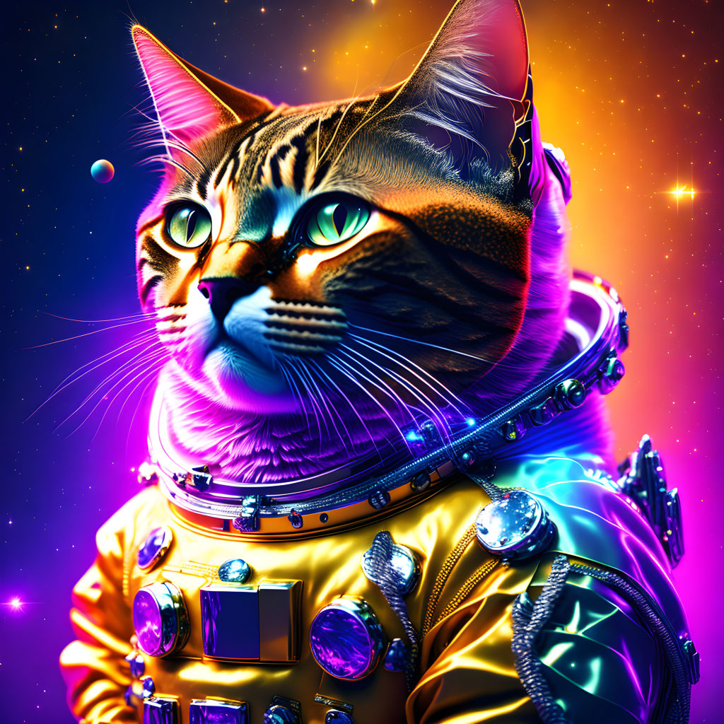 Colorful Cat Astronaut Digital Artwork in Cosmic Spacesuit