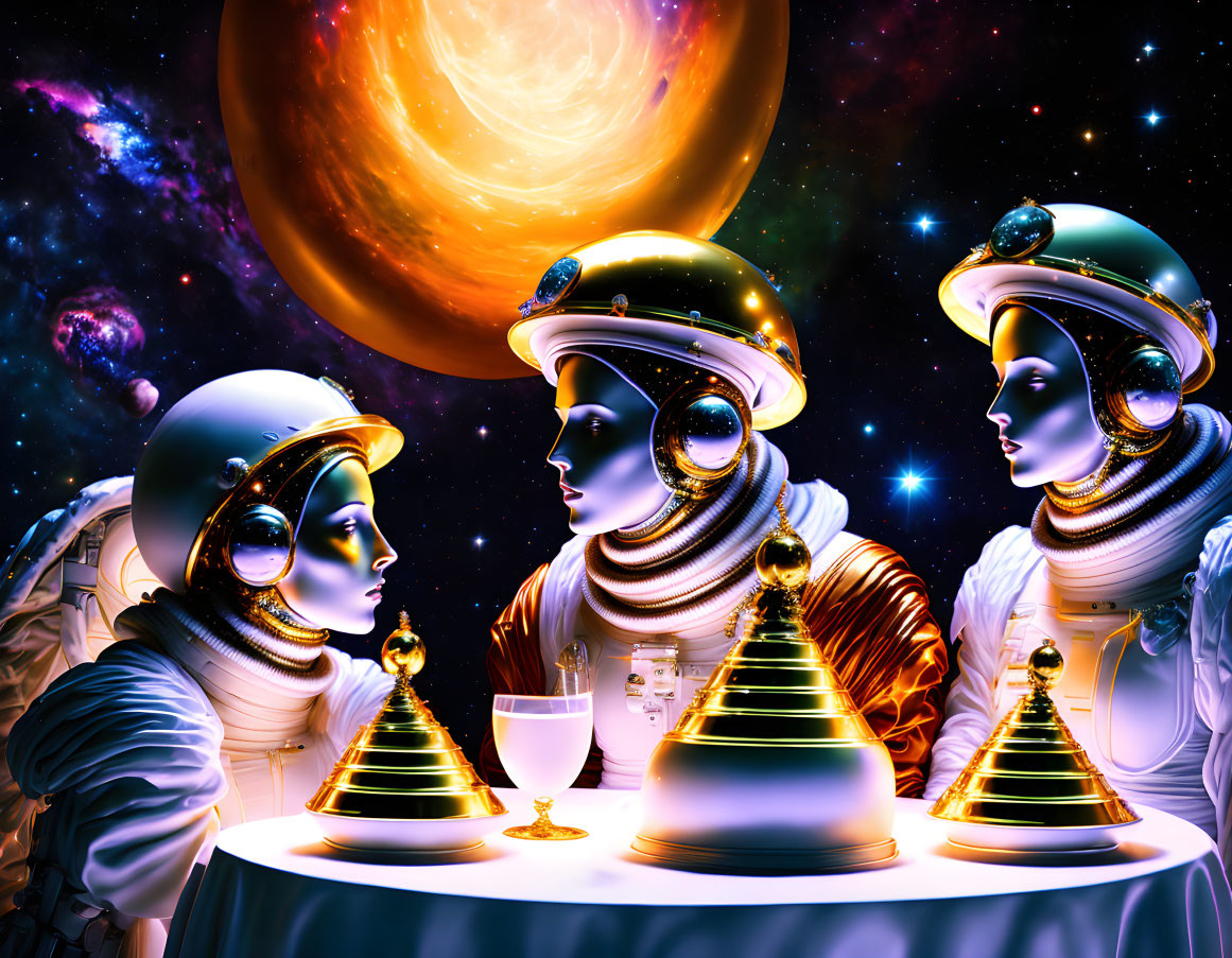 Three astronauts with space helmets at table with pyramidal objects, planet and starry sky.