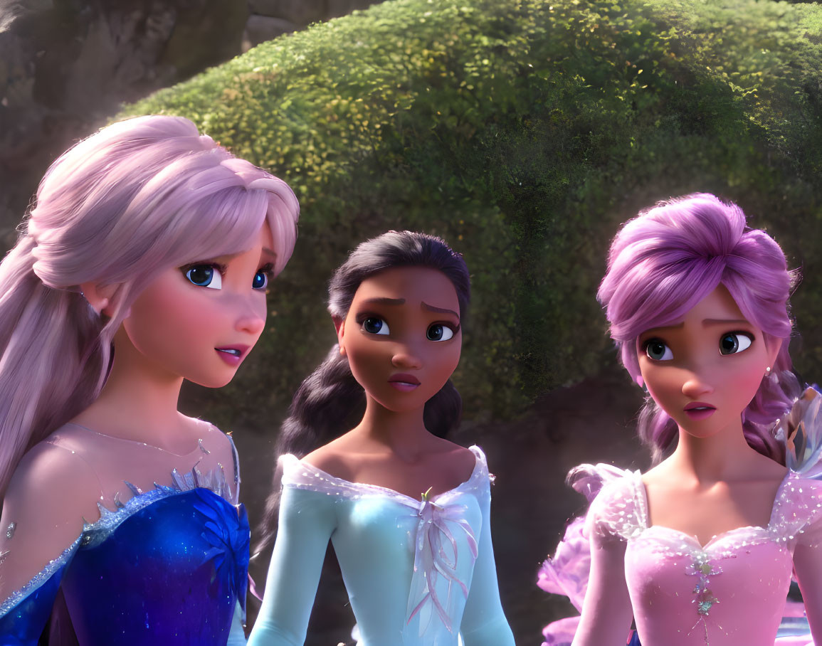 Three animated female characters with intricate hairstyles and sparkly dresses in a natural setting.