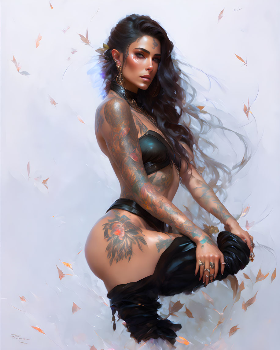 Digital artwork: Woman with flowing hair and tattoos in autumn setting