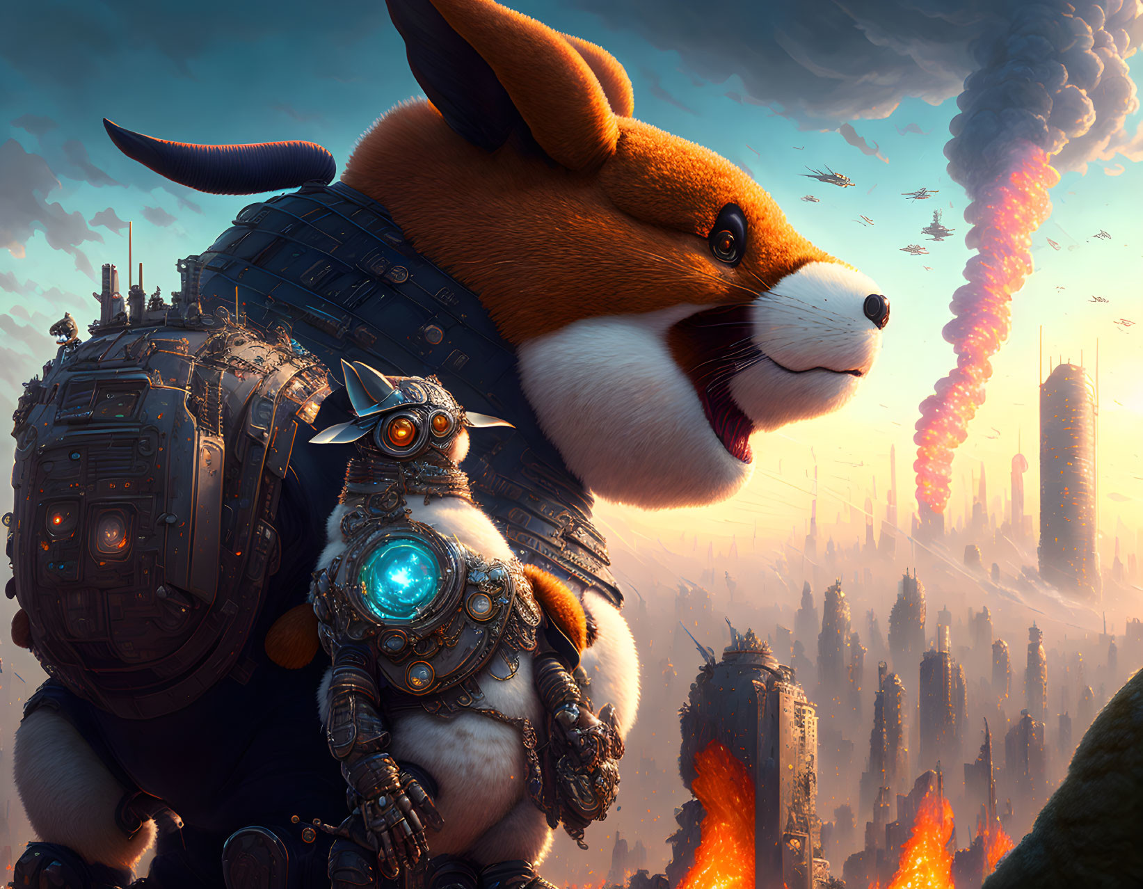 Armored corgi with futuristic collar in dystopian cityscape