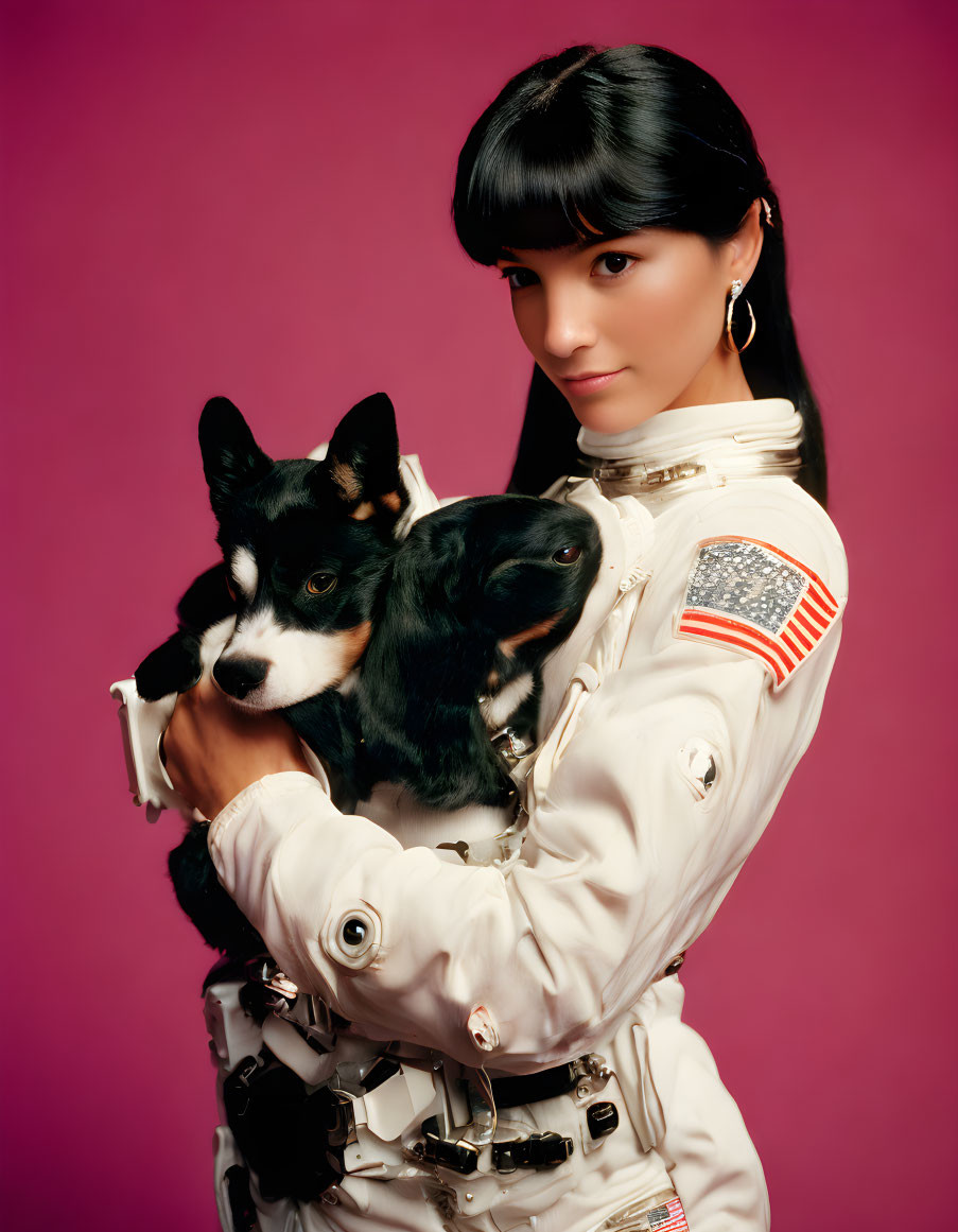 Black-haired woman in astronaut suit with dogs on pink background