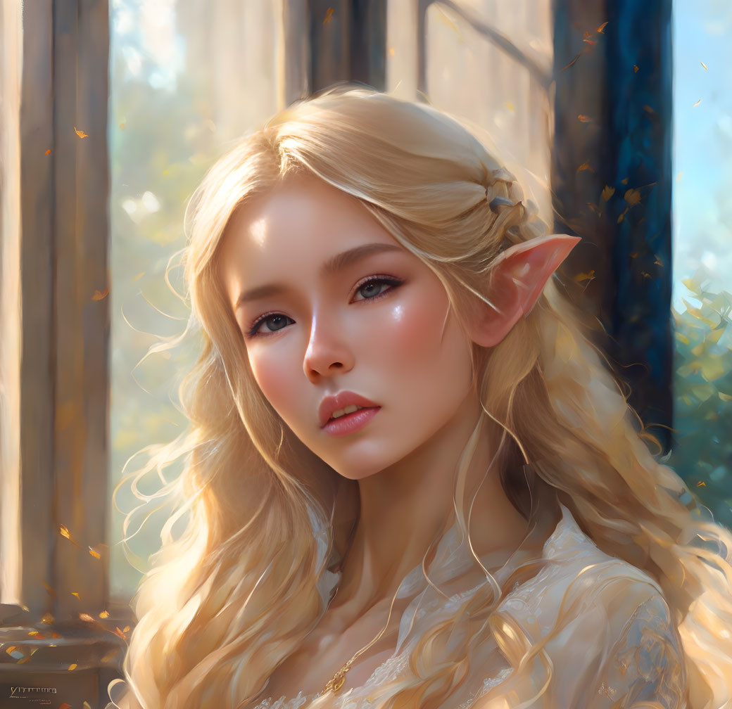 Ethereal elf with blond hair gazing by sunlit window