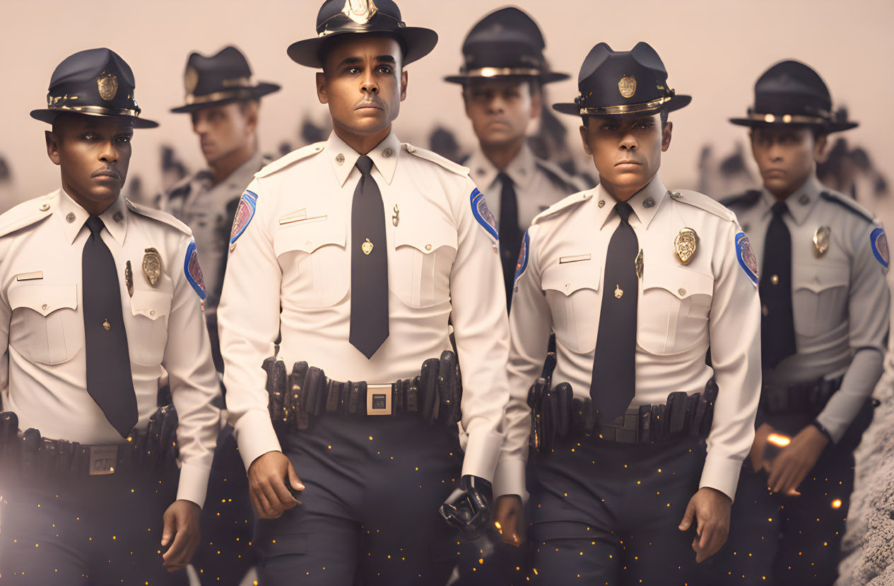 Group of stern police officers in uniform standing in formation