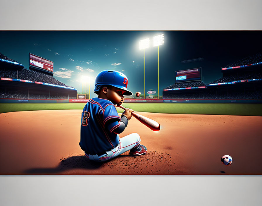 Child in baseball uniform with bat on shoulder in dusk baseball field