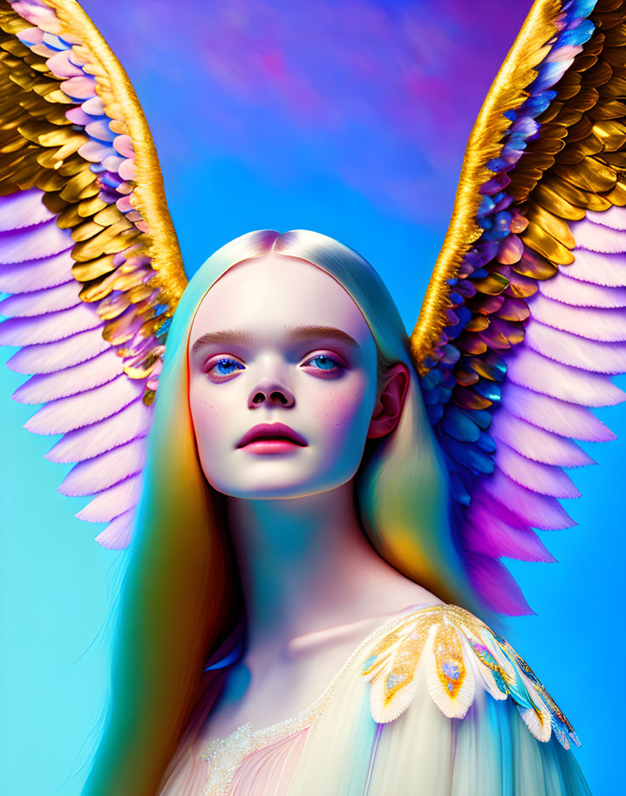 Colorful Winged Person with Iridescent Hair on Blue Background