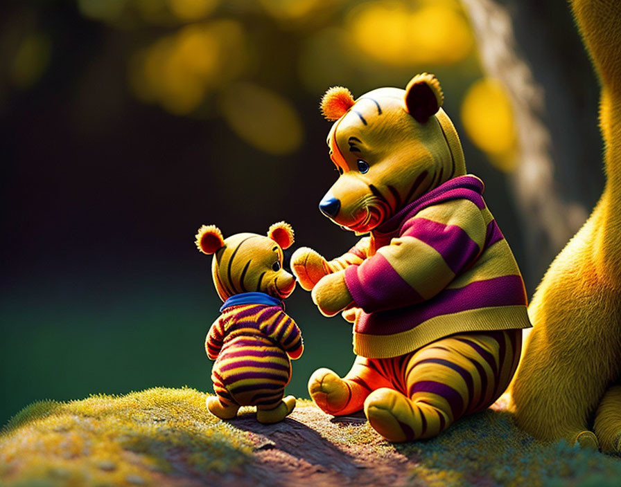 Adorable Winnie the Pooh characters in sunlit forest scene