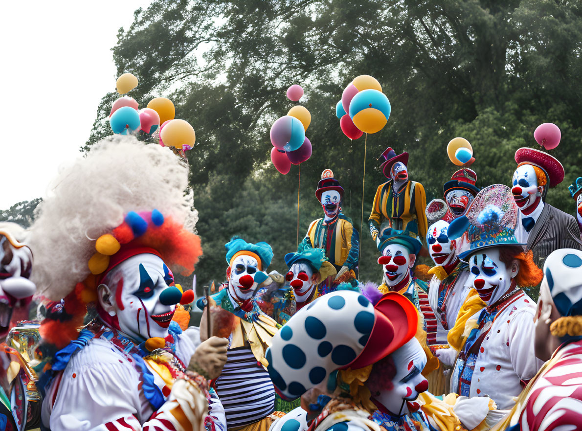 Colorful Clown Gathering with Balloons: Festive Atmosphere