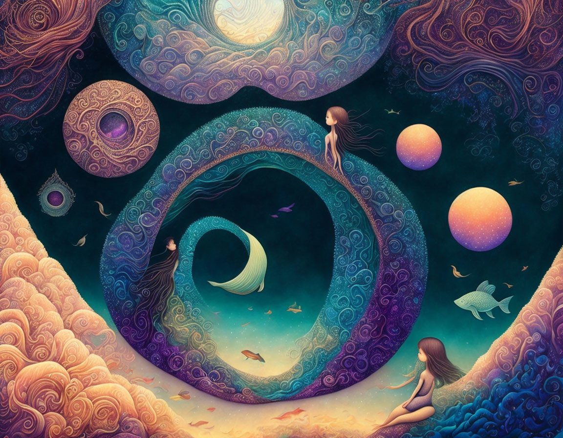 Vibrant surreal artwork: swirling patterns, human figures, planets, birds