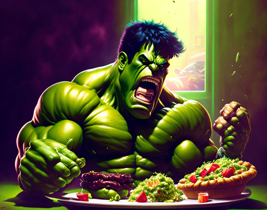 Muscular Hulk illustration glaring at healthy food under green light