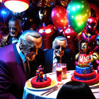 Colorful Balloons, Iron Man Cakes, and Comic Book Characters in Vibrant Scene