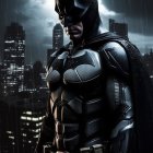 Detailed Batman costume against night city skyline.