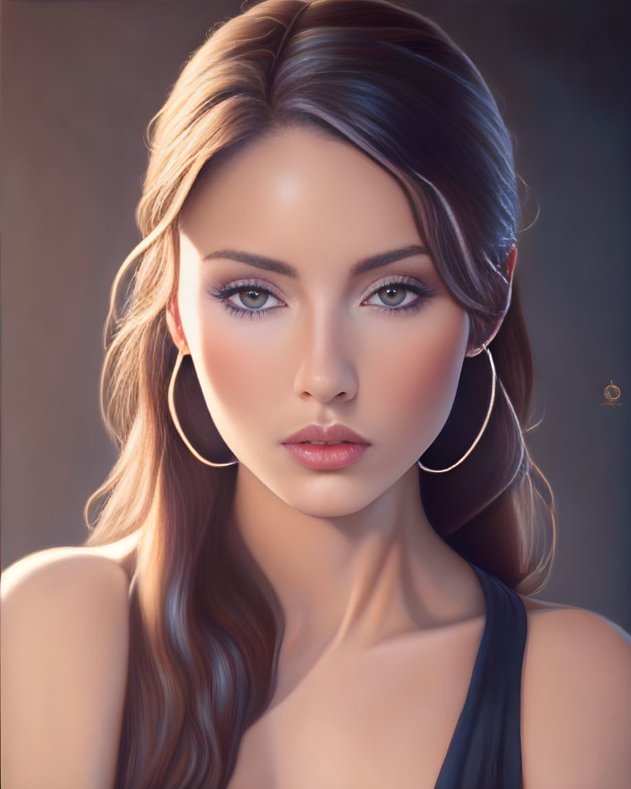 Detailed digital artwork of woman with long brown hair and hoop earrings