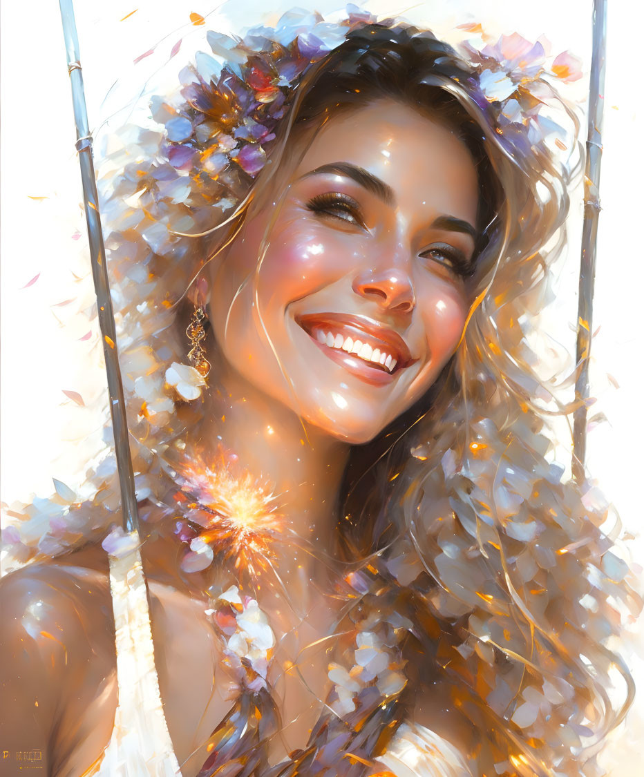 Woman with floral headpiece in warm, glowing light and bokeh effects