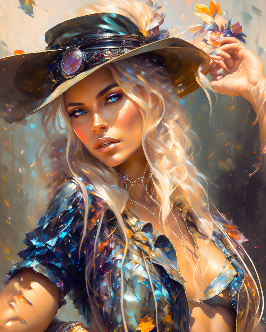 Blonde woman with black hat and butterflies in digital art