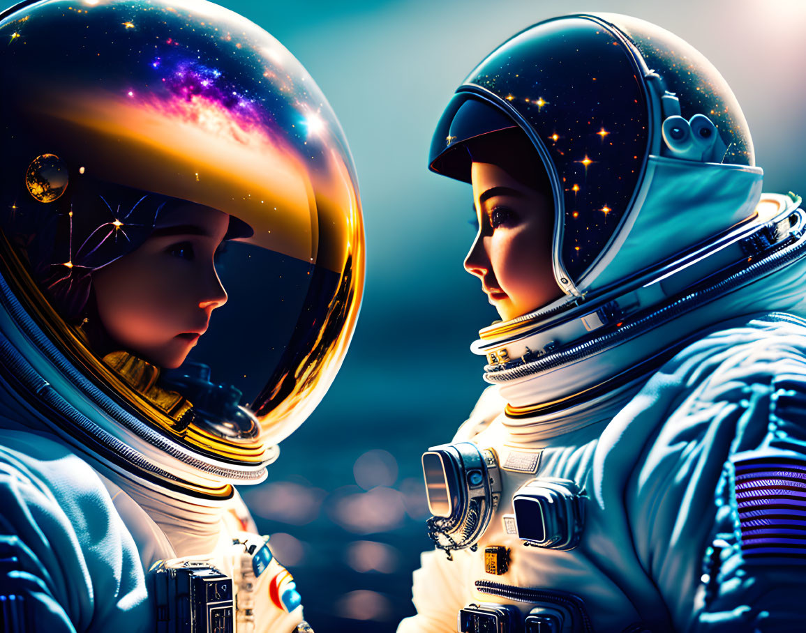 Reflective visor astronauts gaze in vast space.