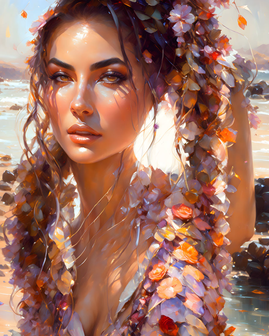 Digital artwork: Woman with floral headdress by the beach