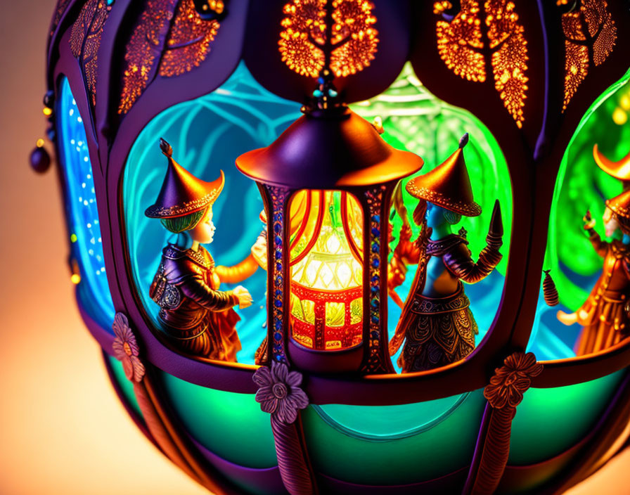 Colorful whimsical scene with ornate trees and characters in conical hats beside lantern