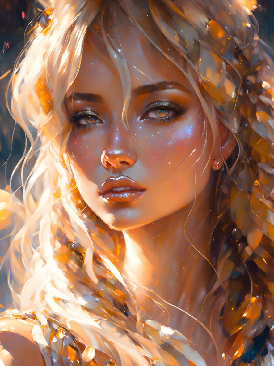 Golden-haired woman with sparkling freckles in digital portrait