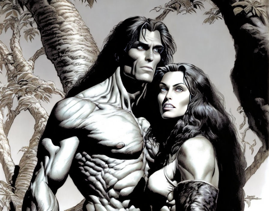 Muscular Man and Woman Comic Book Characters in Jungle Setting