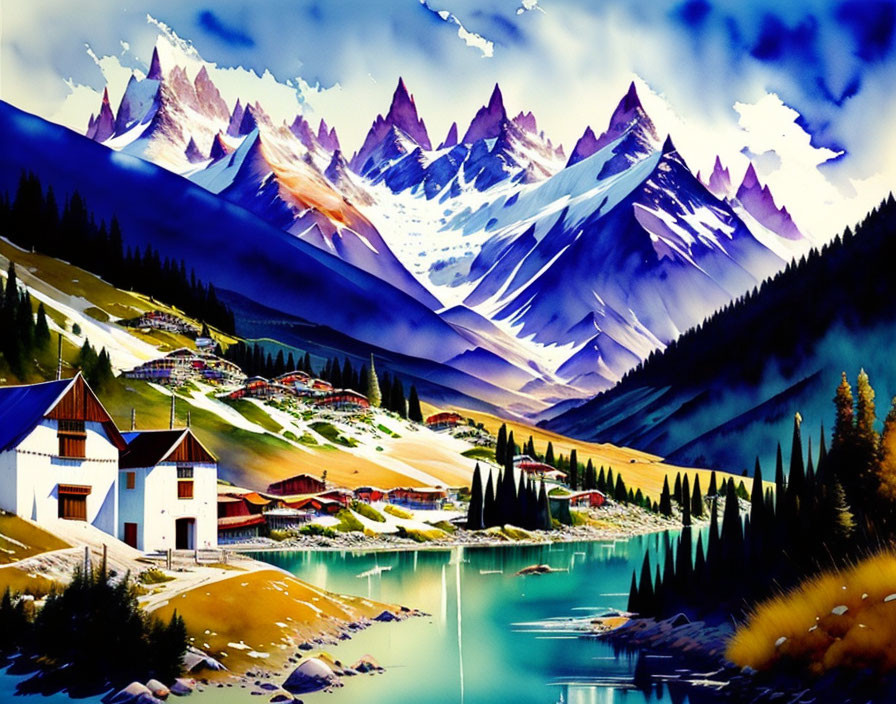 Scenic painting of mountain landscape with lake and village