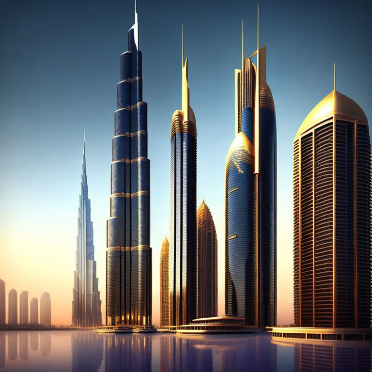 Futuristic skyline with sleek skyscrapers by waterfront at golden hour