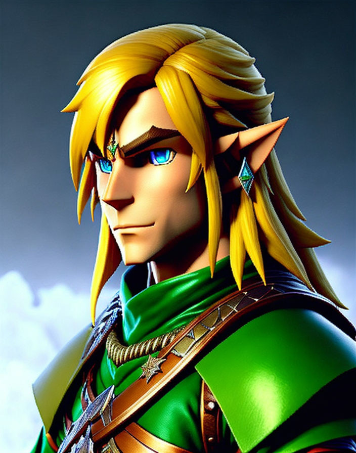 Male Elf 3D Rendering: Long Blond Hair, Blue Eyes, Green Tunic