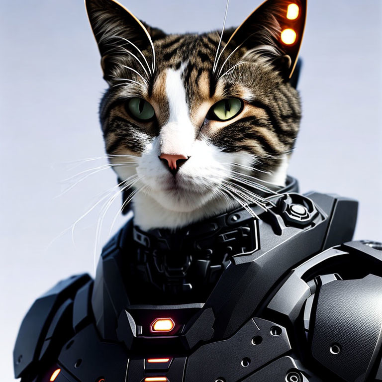 Digitally Manipulated Cat Image with Realistic Face on Futuristic Robotic Body